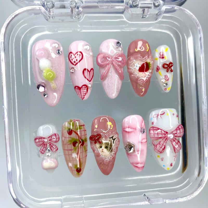 [4] Pink Bow Press on Nails, Elegant Cute Cat Fake Nails, Handmade Y2K Style Bow and Candy 3D Gel Acrylic Nails, Custom Press-On Nail, Summer/ Birthday/ Party Nails, Gifts for Her
