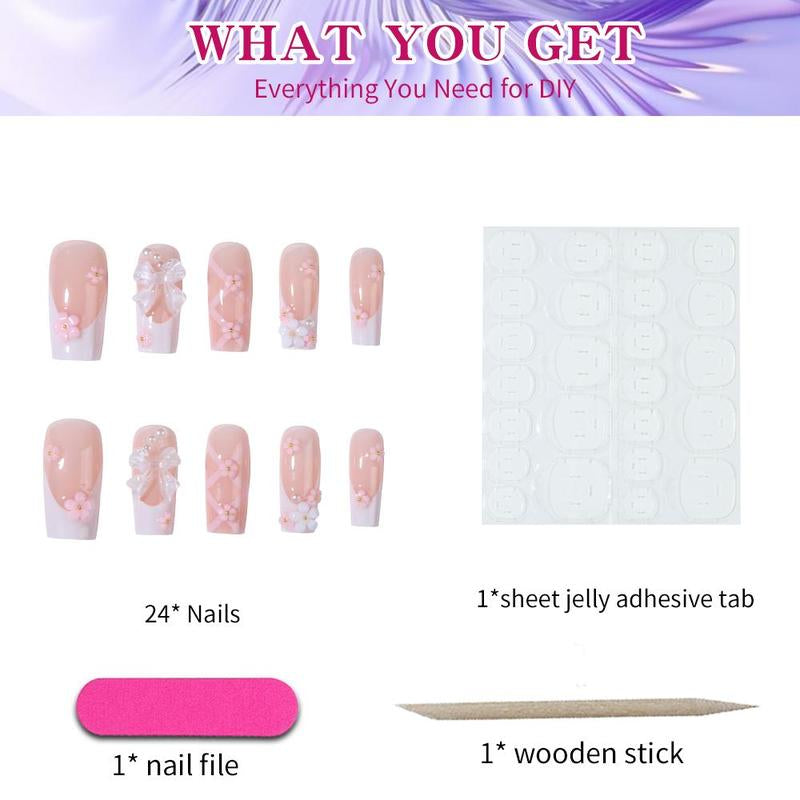 Summer Cute Bow & Floral Decor French Style Long Square Fake Nails, Removable Press on False Nail for Girls and Women, Trending Products, Nail Kit Acrylic Set, Nail Supplies, Birthday Gifts, Christmas Gift, Nail Extensions