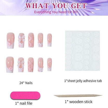 Summer Cute Bow & Floral Decor French Style Long Square Fake Nails, Removable Press on False Nail for Girls and Women, Trending Products, Nail Kit Acrylic Set, Nail Supplies, Birthday Gifts, Christmas Gift, Nail Extensions