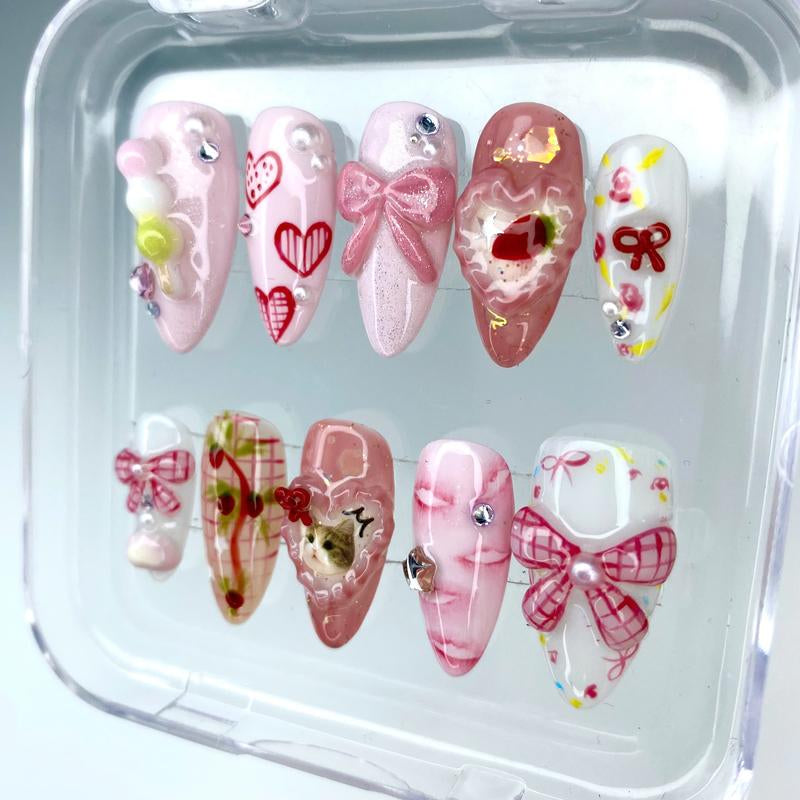 [4] Pink Bow Press on Nails, Elegant Cute Cat Fake Nails, Handmade Y2K Style Bow and Candy 3D Gel Acrylic Nails, Custom Press-On Nail, Summer/ Birthday/ Party Nails, Gifts for Her