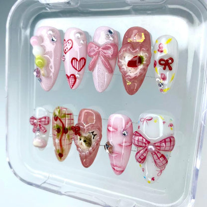 [4] Pink Bow Press on Nails, Elegant Cute Cat Fake Nails, Handmade Y2K Style Bow and Candy 3D Gel Acrylic Nails, Custom Press-On Nail, Summer/ Birthday/ Party Nails, Gifts for Her