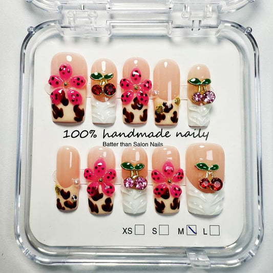 Nailmalls｜Wild CHERRY BLOOM 10PCS Handmade Press on Nails REUSABLE 3D Gel Fake Nails Acrylic Press Nails /Get Perfect Press-On Nails