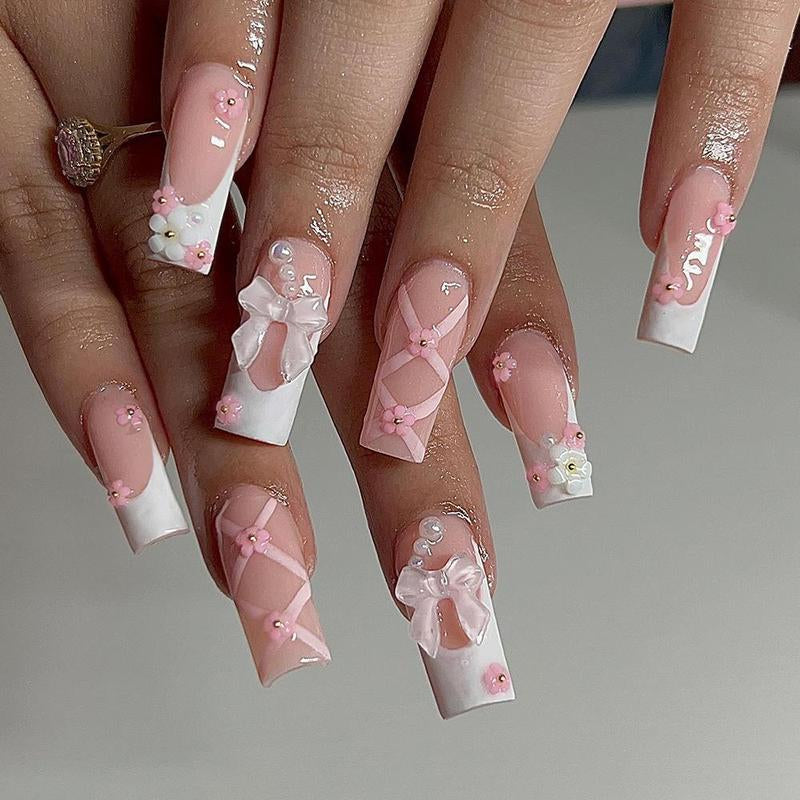 Summer Cute Bow & Floral Decor French Style Long Square Fake Nails, Removable Press on False Nail for Girls and Women, Trending Products, Nail Kit Acrylic Set, Nail Supplies, Birthday Gifts, Christmas Gift, Nail Extensions