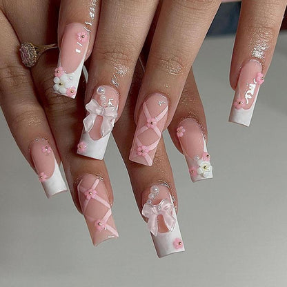 Summer Cute Bow & Floral Decor French Style Long Square Fake Nails, Removable Press on False Nail for Girls and Women, Trending Products, Nail Kit Acrylic Set, Nail Supplies, Birthday Gifts, Christmas Gift, Nail Extensions
