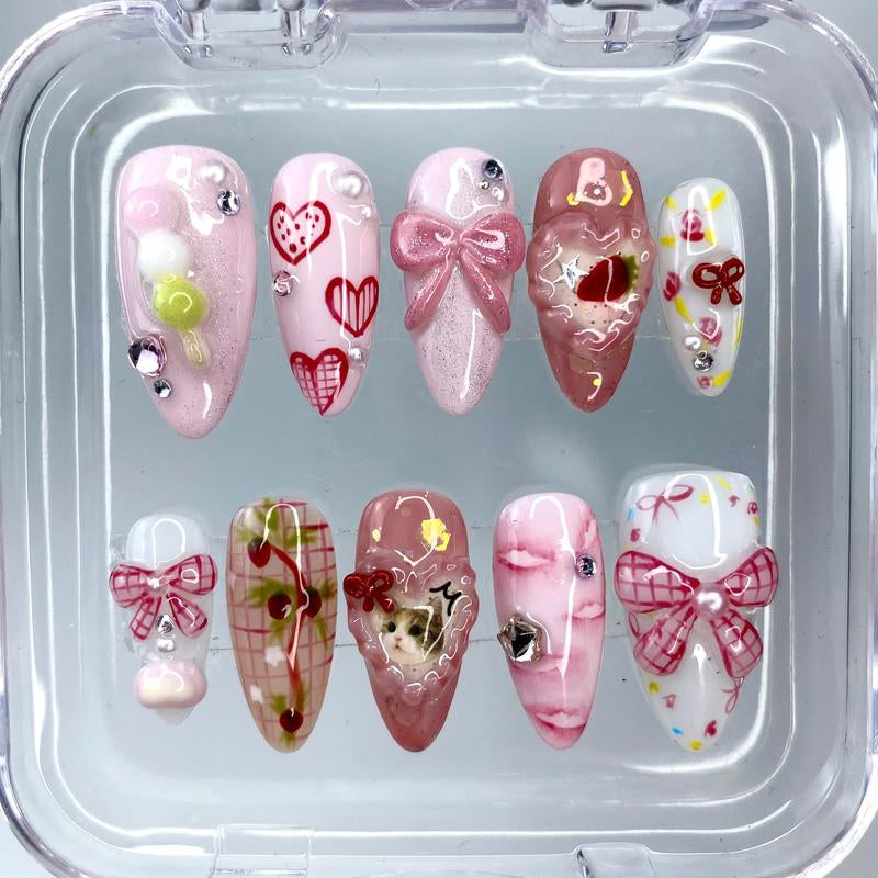 [4] Pink Bow Press on Nails, Elegant Cute Cat Fake Nails, Handmade Y2K Style Bow and Candy 3D Gel Acrylic Nails, Custom Press-On Nail, Summer/ Birthday/ Party Nails, Gifts for Her