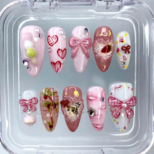 [4] Pink Bow Press on Nails, Elegant Cute Cat Fake Nails, Handmade Y2K Style Bow and Candy 3D Gel Acrylic Nails, Custom Press-On Nail, Summer/ Birthday/ Party Nails, Gifts for Her