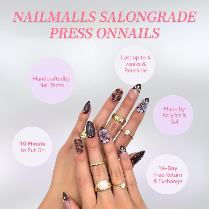 Nailmalls｜Wild CHERRY BLOOM 10PCS Handmade Press on Nails REUSABLE 3D Gel Fake Nails Acrylic Press Nails /Get Perfect Press-On Nails