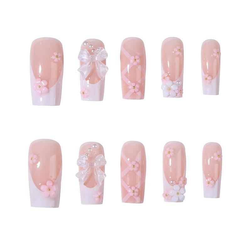 Summer Cute Bow & Floral Decor French Style Long Square Fake Nails, Removable Press on False Nail for Girls and Women, Trending Products, Nail Kit Acrylic Set, Nail Supplies, Birthday Gifts, Christmas Gift, Nail Extensions