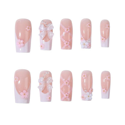 Summer Cute Bow & Floral Decor French Style Long Square Fake Nails, Removable Press on False Nail for Girls and Women, Trending Products, Nail Kit Acrylic Set, Nail Supplies, Birthday Gifts, Christmas Gift, Nail Extensions