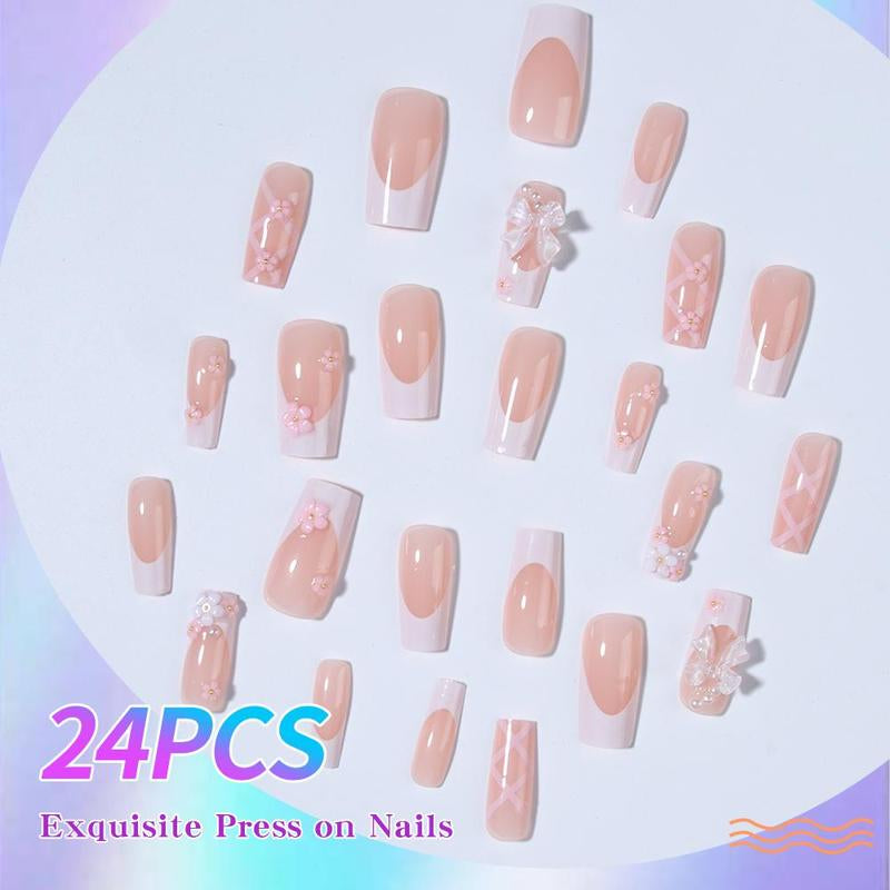 Summer Cute Bow & Floral Decor French Style Long Square Fake Nails, Removable Press on False Nail for Girls and Women, Trending Products, Nail Kit Acrylic Set, Nail Supplies, Birthday Gifts, Christmas Gift, Nail Extensions