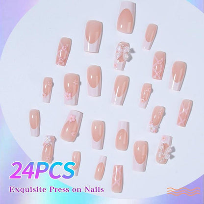Summer Cute Bow & Floral Decor French Style Long Square Fake Nails, Removable Press on False Nail for Girls and Women, Trending Products, Nail Kit Acrylic Set, Nail Supplies, Birthday Gifts, Christmas Gift, Nail Extensions